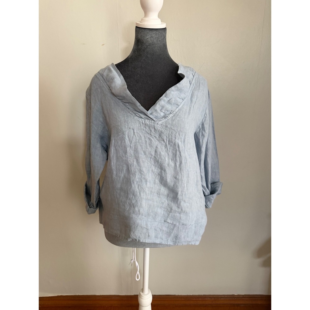 Gigi Moda Italy Blue Linen V-Neck Tunic Top Long Sleeve Lagenlook coastal beachy